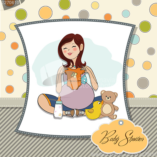 Image of happy pregnant woman, baby shower card