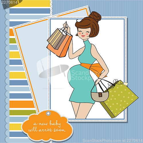 Image of baby announcement card with beautiful pregnant woman on shopping