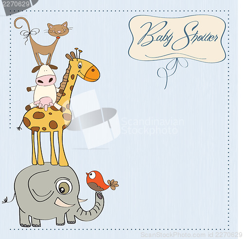 Image of baby shower card with funny pyramid of animals