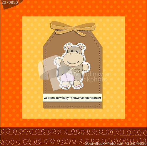 Image of childish baby girl announcement card with hippo toy