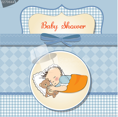 Image of baby shower card with little baby boy sleep with his teddy bear 