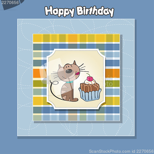 Image of birthday greeting card with a cat waiting to eat a cake