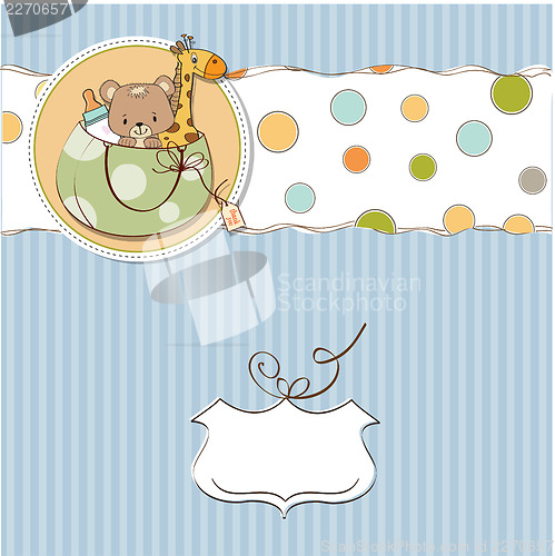 Image of new baby announcement card with bag and same toys