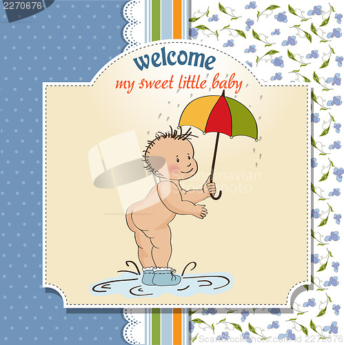 Image of baby boy shower card with funny baby under his umbrella