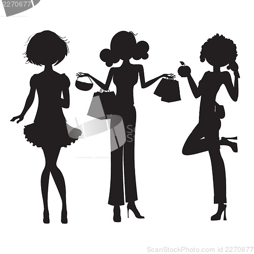 Image of silhouette of three cute fashion girls isolated on white backgro
