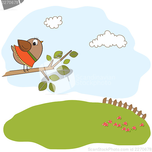 Image of romantic greeting with funny little bird