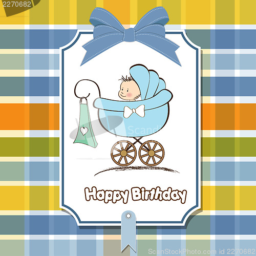 Image of baby boy announcement card with baby and pram