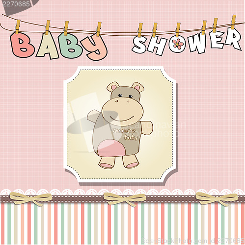 Image of childish baby girl announcement card with hippo toy