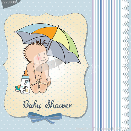 Image of baby boy shower card with funny baby under his umbrella
