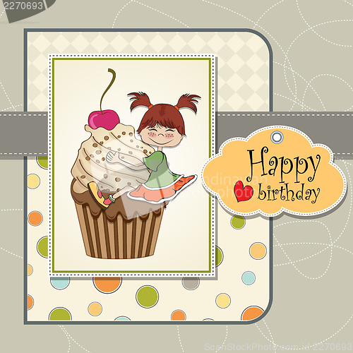 Image of birthday card with funny girl perched on cupcake