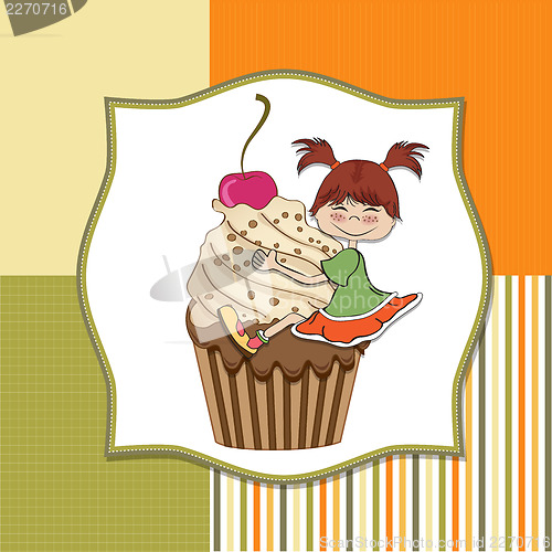 Image of birthday card with funny girl perched on cupcake
