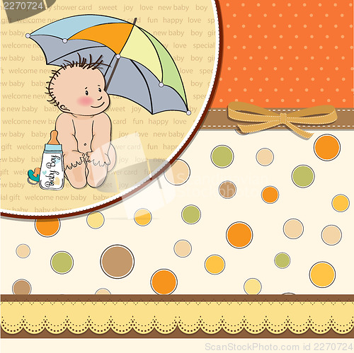 Image of baby boy shower card with funny baby under his umbrella