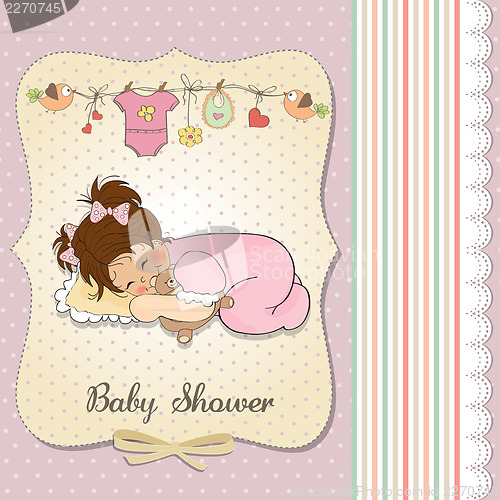 Image of baby shower card with little baby girl play with her teddy bear 