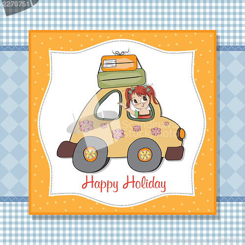 Image of happy woman going on holiday by car