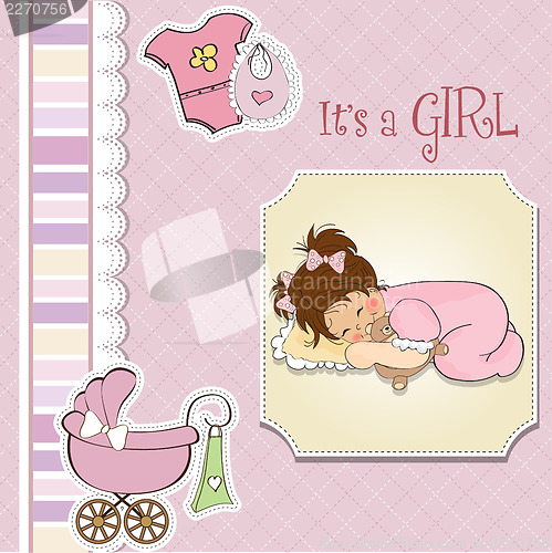 Image of baby shower card with little baby girl play with her teddy bear 