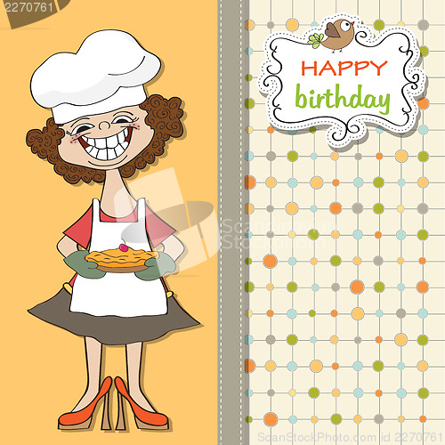 Image of birthday greeting card with funny woman and pie