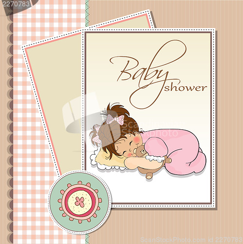 Image of baby shower card with little baby girl play with her teddy bear 