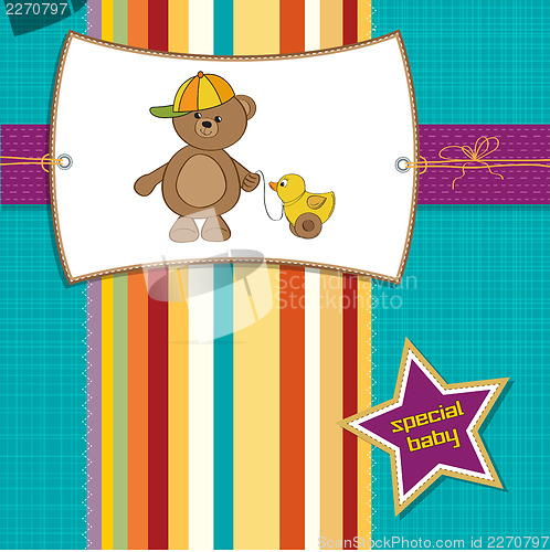 Image of welcome baby card with boy teddy bear and his duck