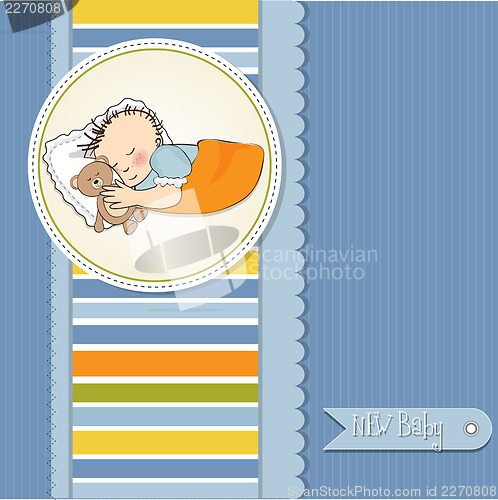 Image of baby shower card with little baby boy sleep with his teddy bear 