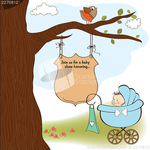 Image of baby boy announcement card with baby and pram