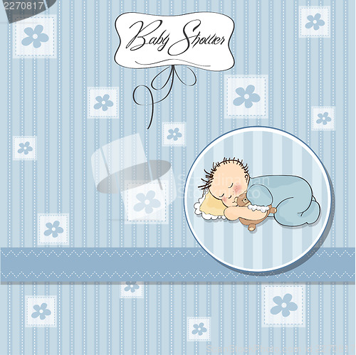 Image of baby shower card with little baby boy sleep with his teddy bear 