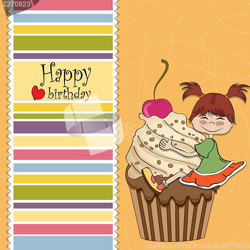 Image of birthday card with funny girl perched on cupcake