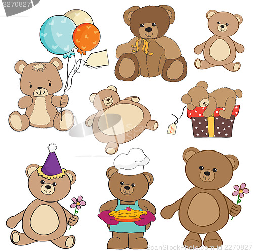 Image of set of different teddy bears items for design in vector format