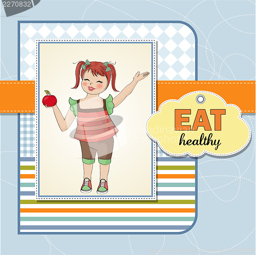 Image of pretty young girl recommends healthy food