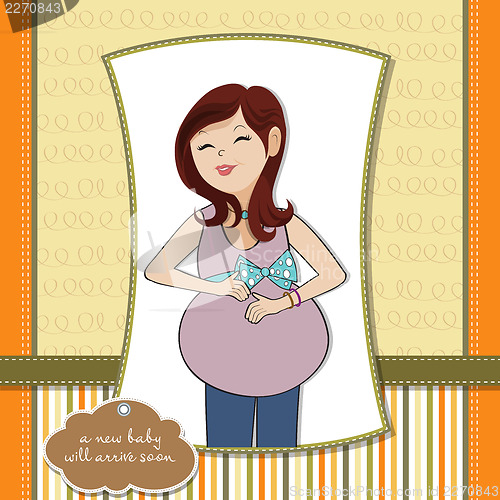 Image of happy pregnant woman, baby shower card