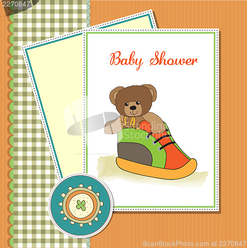 Image of shower card with teddy bear hidden in a shoe