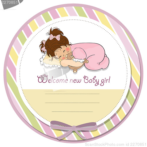 Image of baby shower card with little baby girl play with her teddy bear 