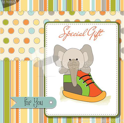 Image of happy birthday card with an elephant hidden in a shoe