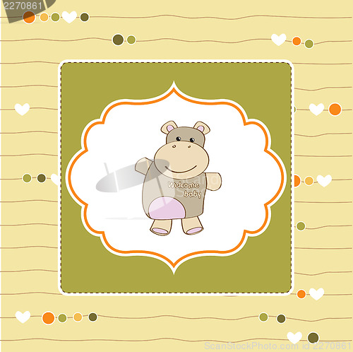 Image of childish baby shower card with hippo toy