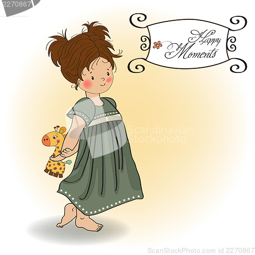 Image of young girl going to bed with her favorite toy, a giraffe