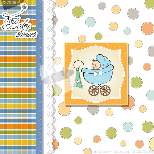 Image of baby boy announcement card with baby and pram