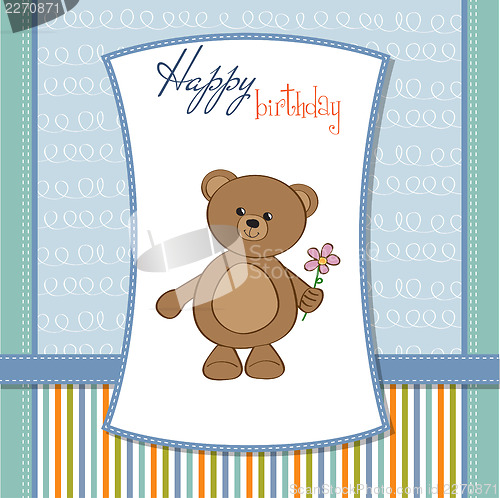 Image of happy birthday card with teddy bear and flower