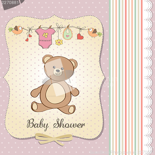 Image of romantic baby girl announcement card with teddy bear