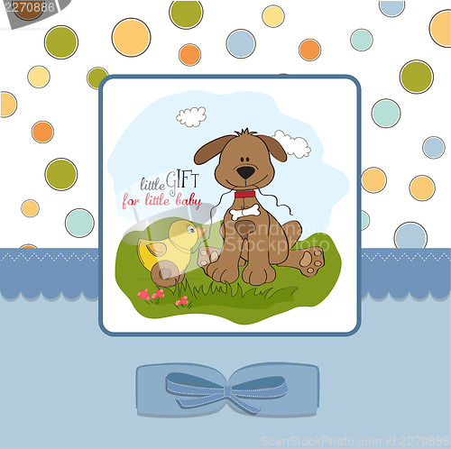 Image of baby shower card with dog and duck toy