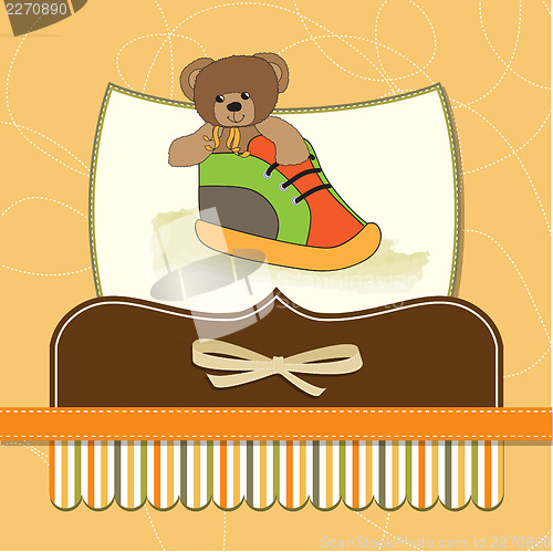 Image of shower card with teddy bear hidden in a shoe