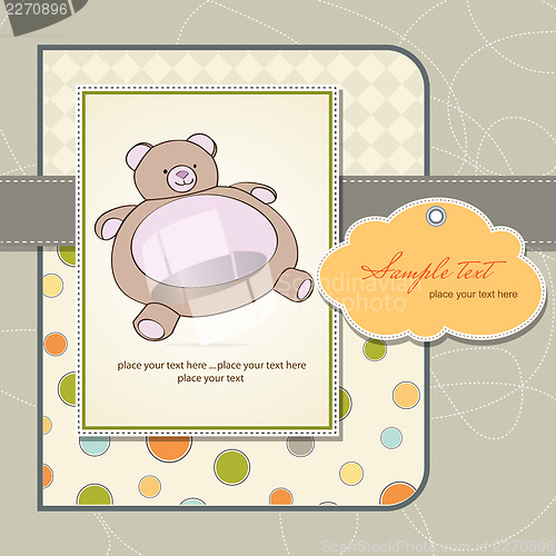 Image of baby shower card with teddy bear toy