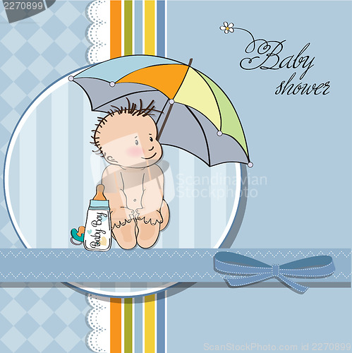 Image of baby boy shower card with funny baby under his umbrella