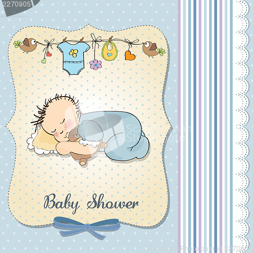 Image of baby shower card with little baby boy sleep with his teddy bear 