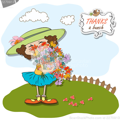 Image of funny girl with a bunch of flowers