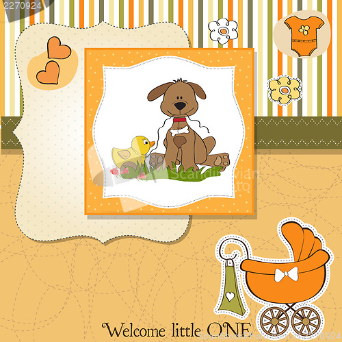 Image of baby shower card with dog and duck toy