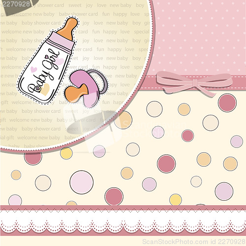 Image of new baby girl announcement card with milk bottle and pacifier