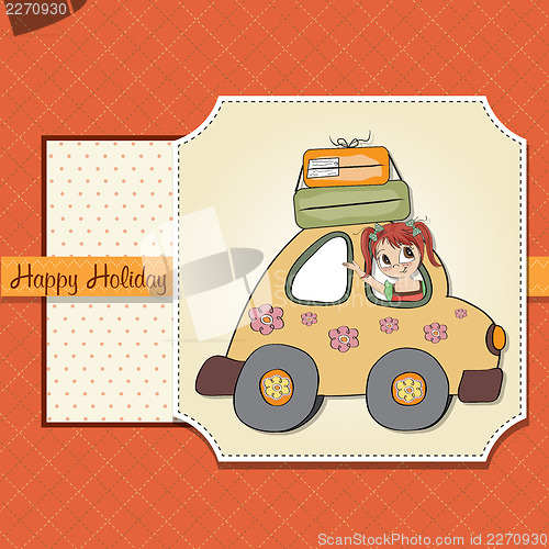 Image of happy woman going on holiday by car