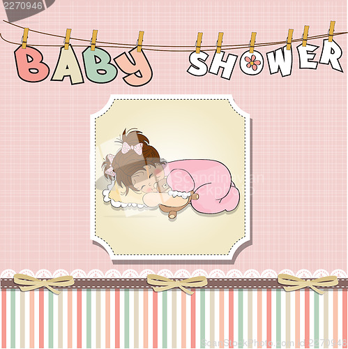 Image of baby shower card with little baby girl play with her teddy bear 