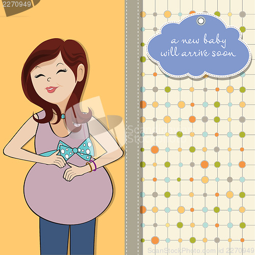 Image of happy pregnant woman, baby shower card