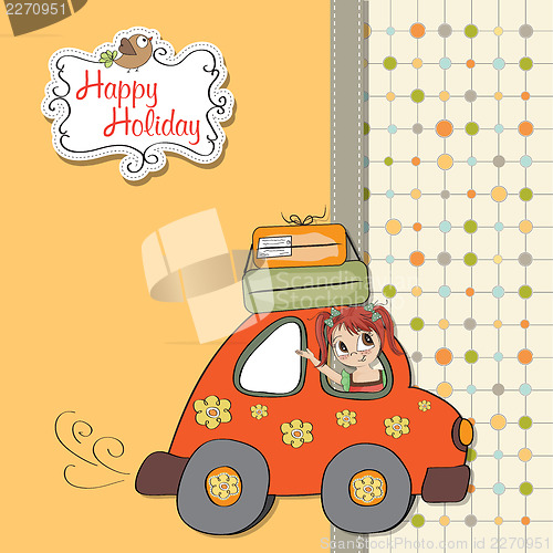 Image of happy woman going on holiday by car