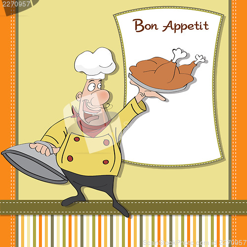 Image of funny cartoon chef with tray of food in hand